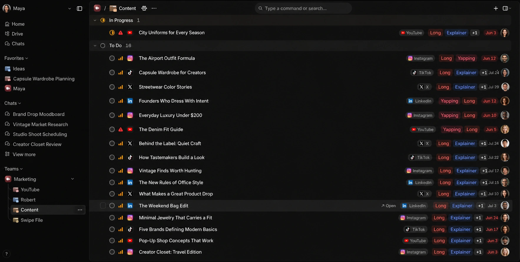 A Robert content workspace with ideas organized by status, platform, format, owner, and due date.